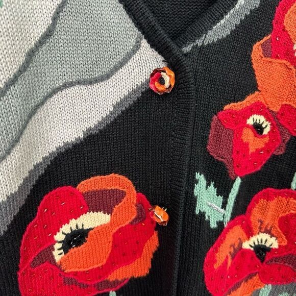 Storybook Knits Women’s Beaded Hand Knit Large Red Orange Poppy Flower Black Gre - Picture 5 of 8